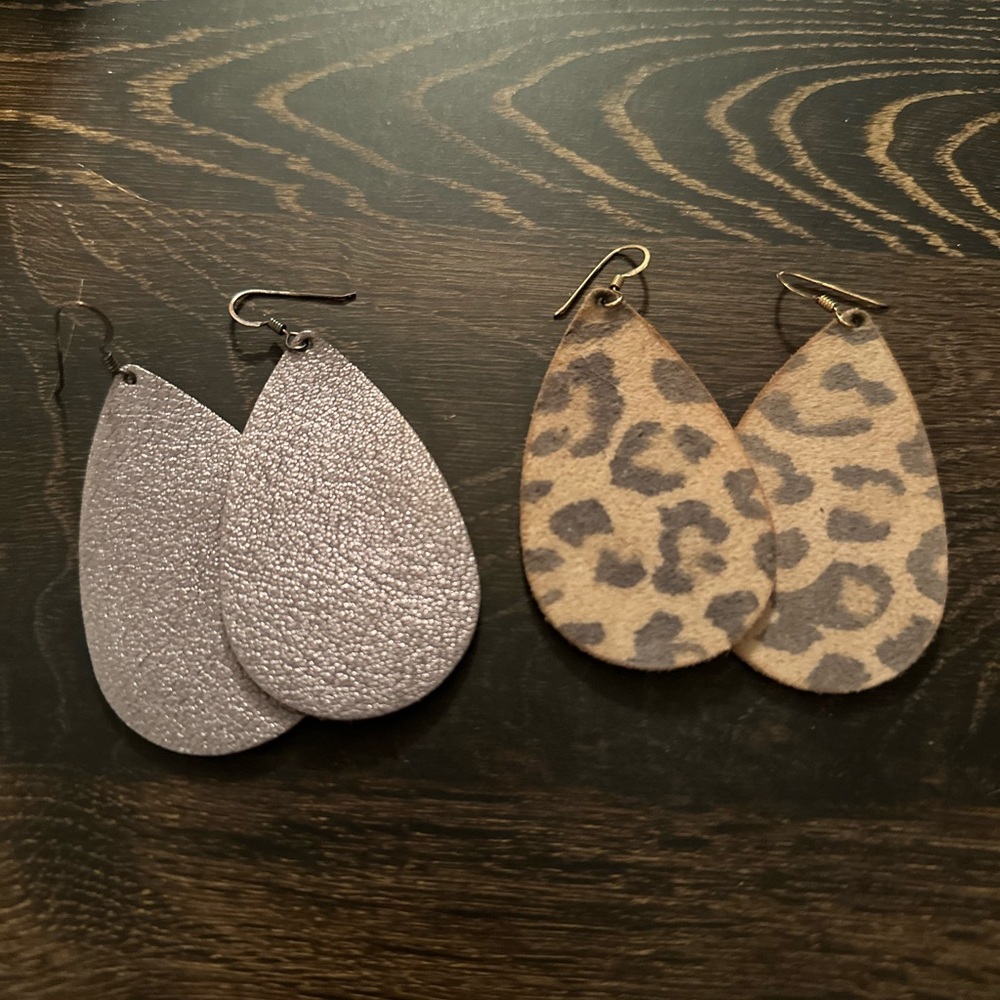 Nickel & Suede leather teardrop earrings leopard suede and gunmetal suede
